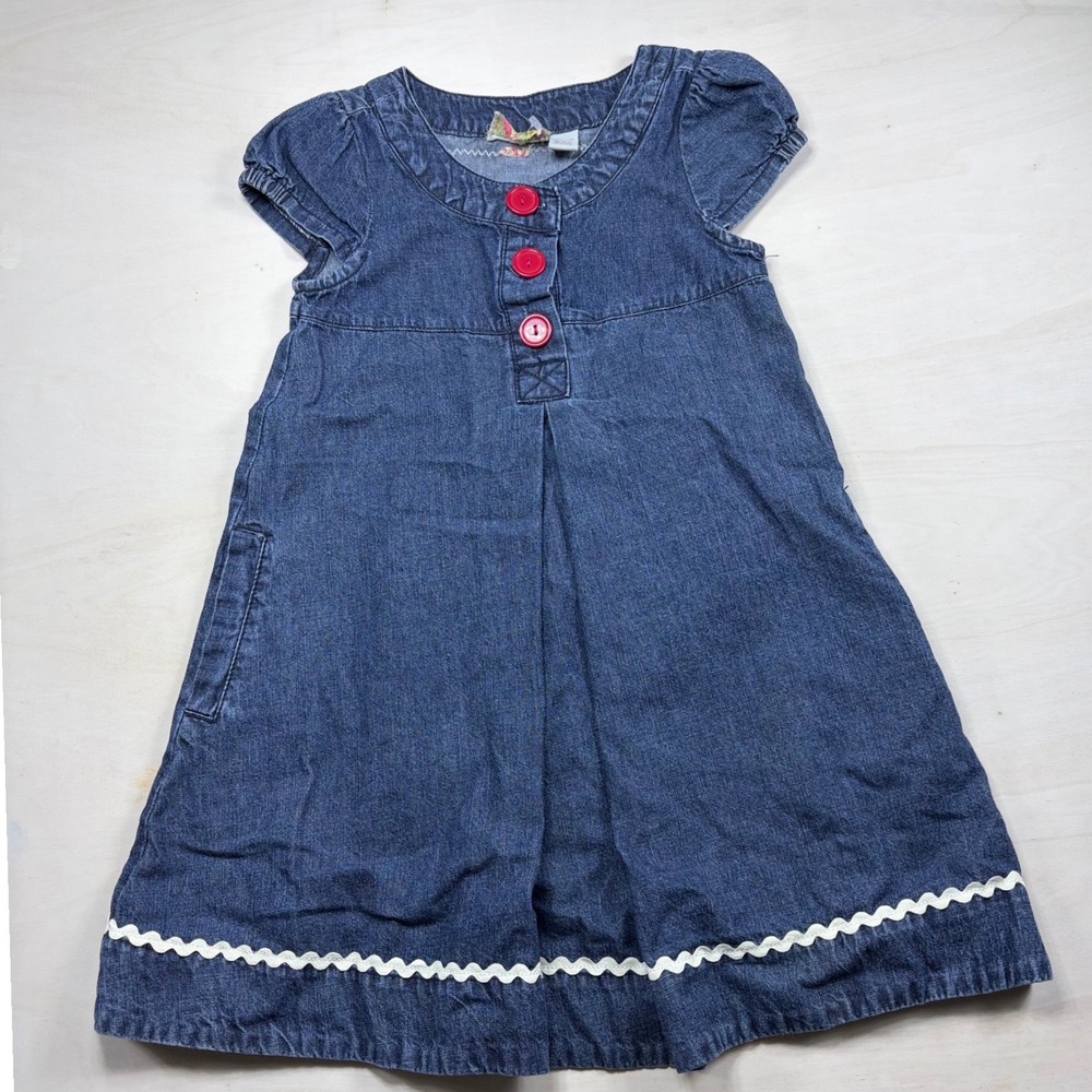 Girls Denim Dress Red Buttons American Flag Patch Lace Rickrack Blue Size M 7/8